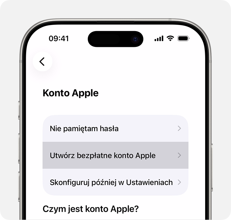 Ekran iPhone’a pokazujący opcję Utwórz bezpłatne konto Apple