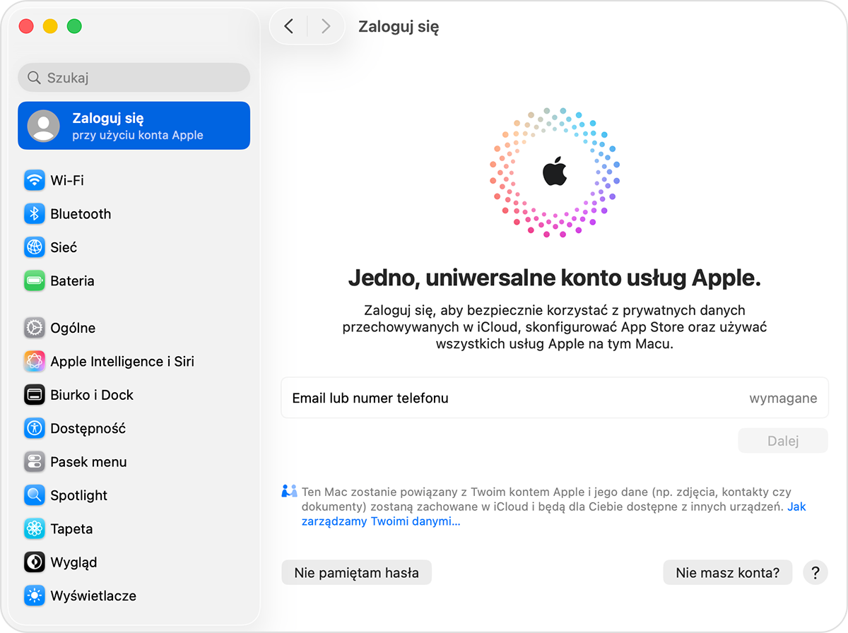 Ekran Maca pokazujący przycisk Nie masz konta?