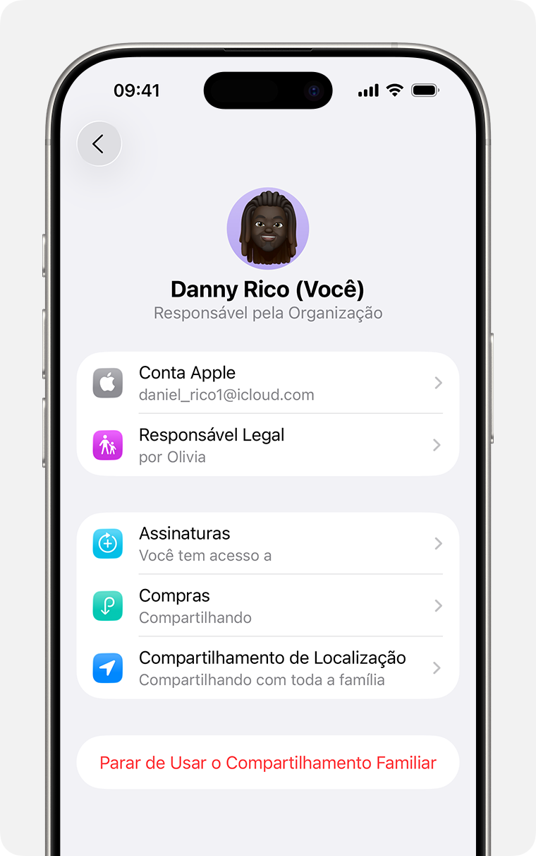 Tela do iPhone mostrando a etapa de dissolver um grupo de Compartilhamento Familiar.