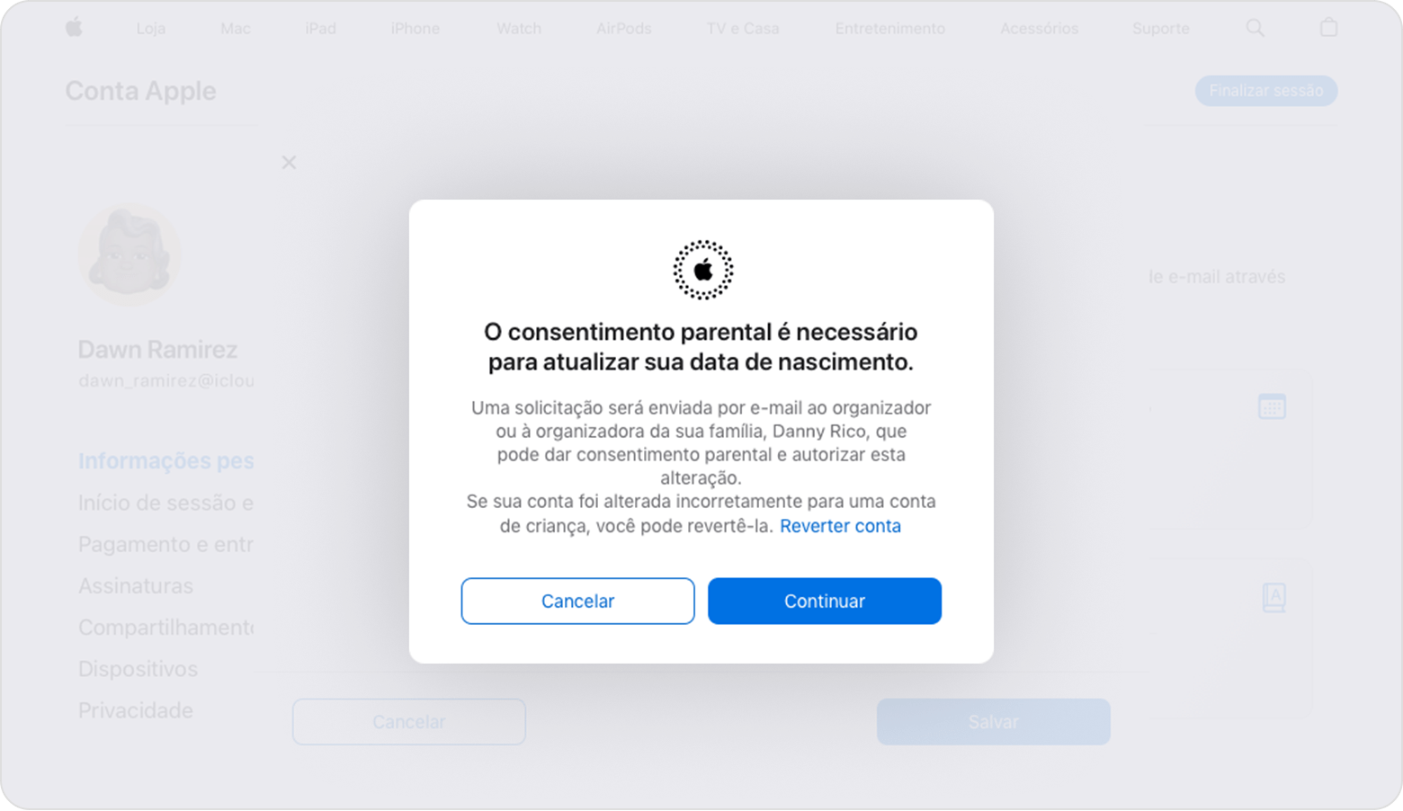 Mensagem mostrando o link de texto para reverter conta na página Conta Apple.