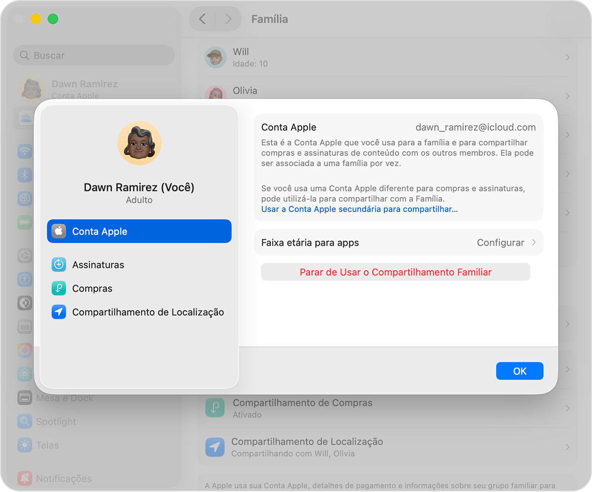 Tela do Mac mostrando a etapa necessária para parar de usar o Compartilhamento Familiar.