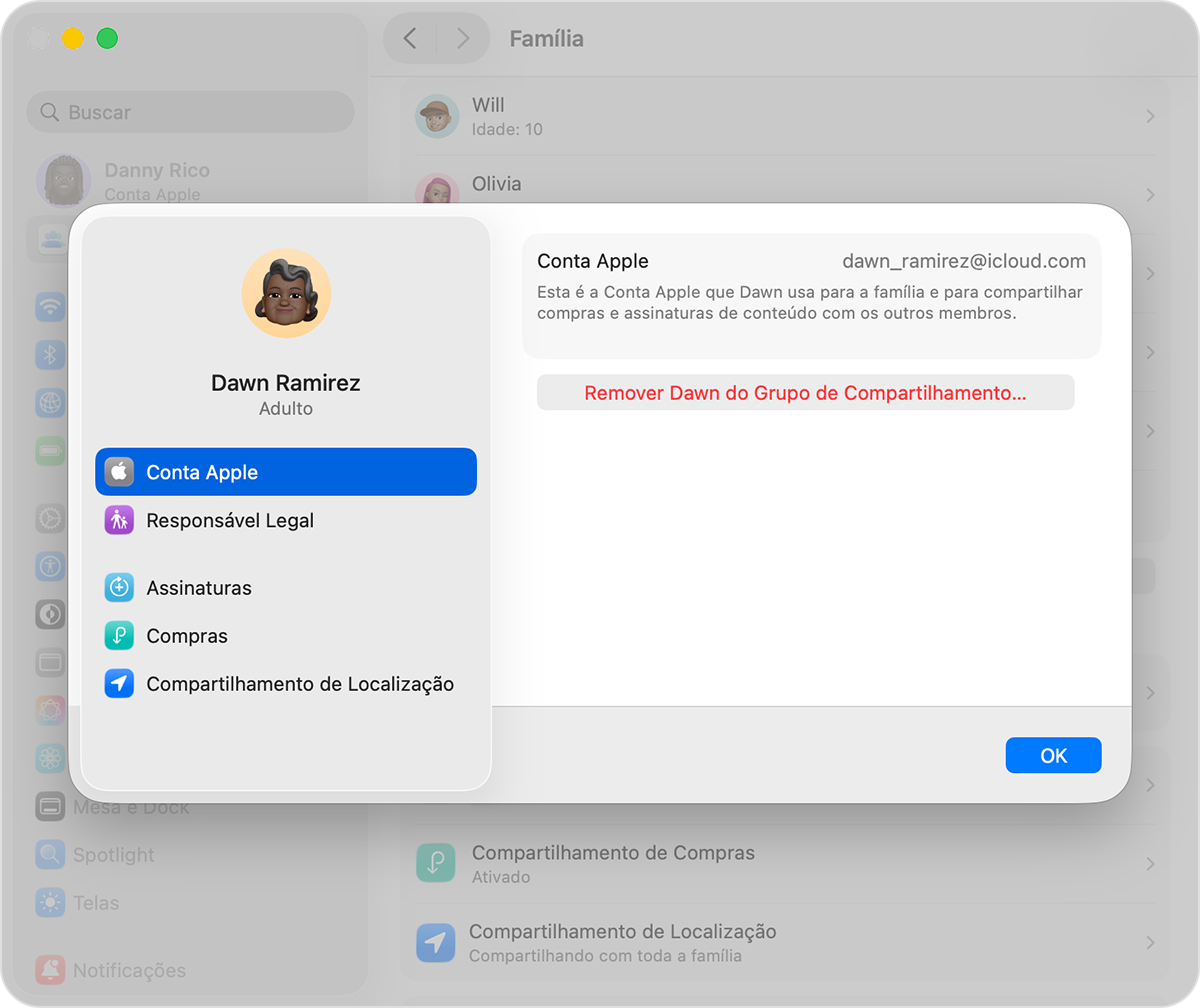 Tela do Mac mostrando a etapa de remover alguém do grupo de Compartilhamento Familiar.