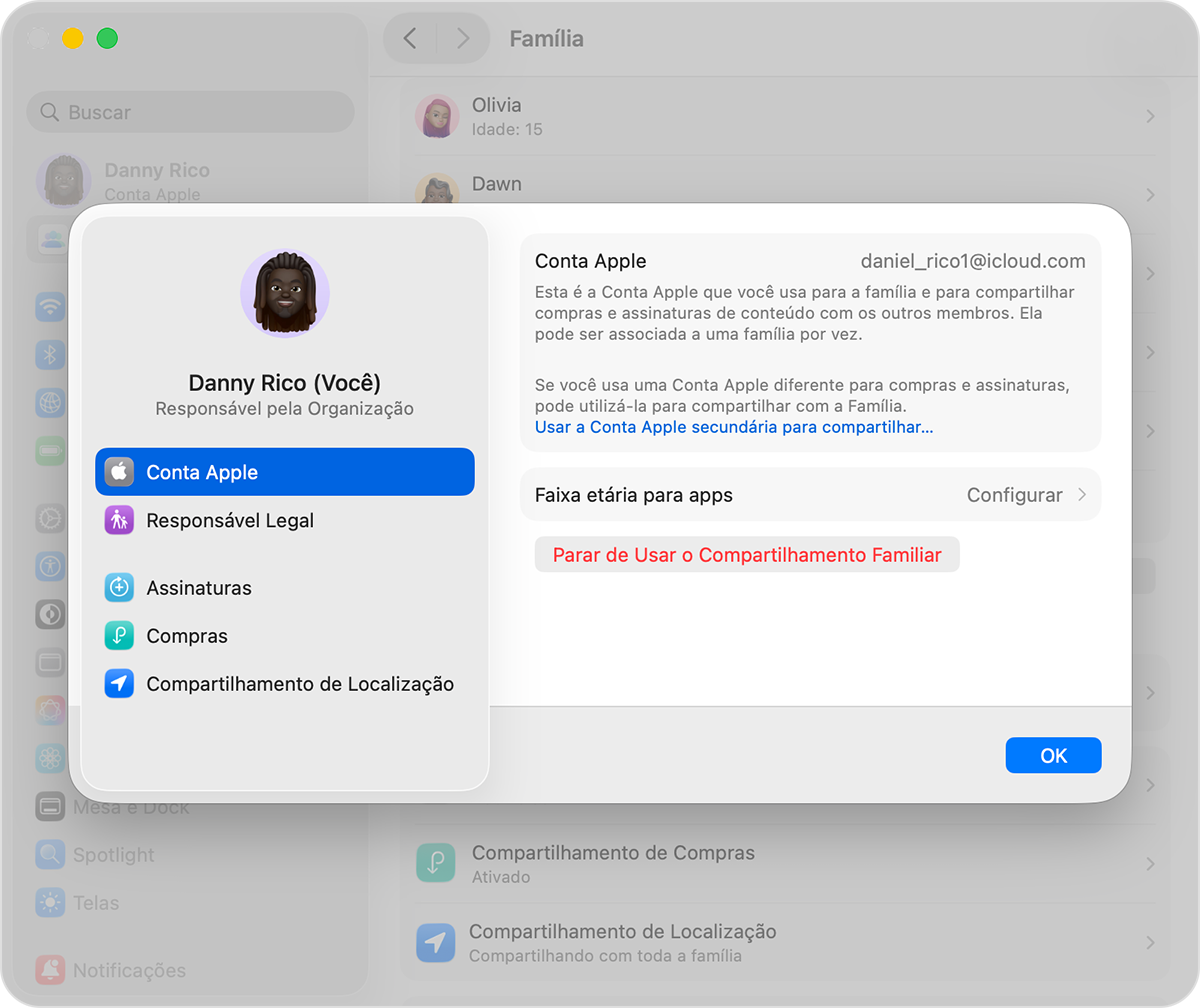 Tela do Mac mostrando a etapa de dissolver um grupo de Compartilhamento Familiar.