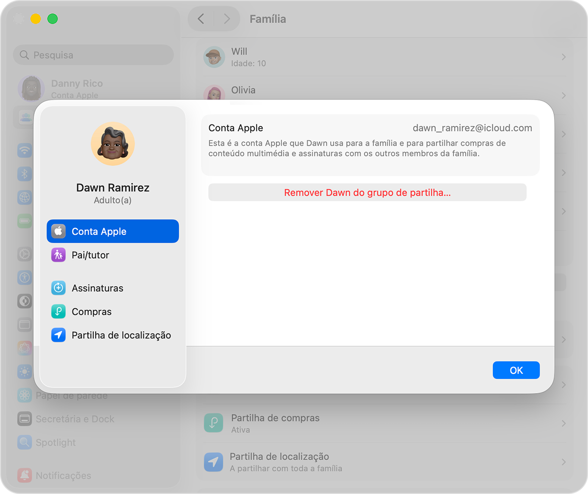 Ecrã do Mac que mostra o passo para remover um membro do seu grupo de Partilha com a família.
