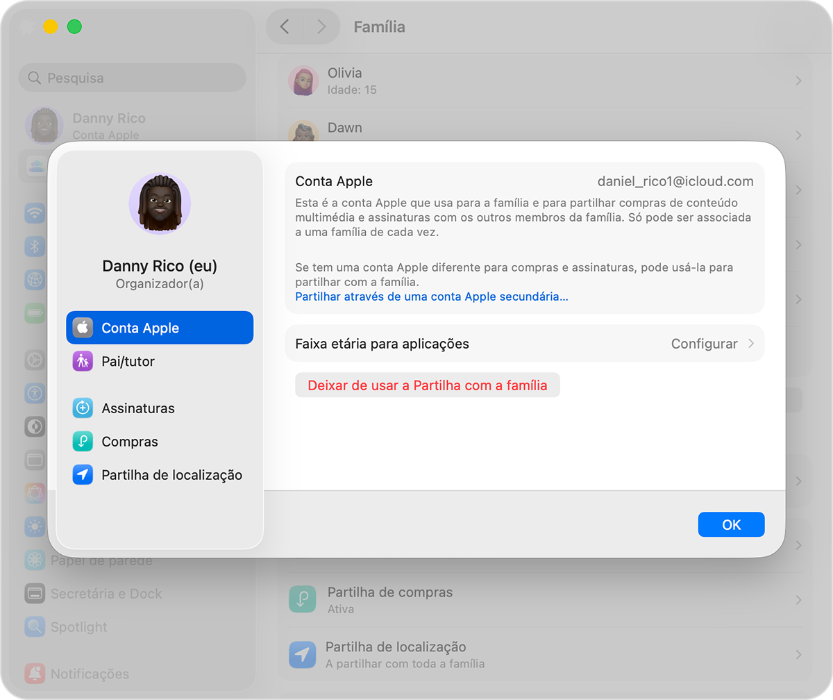 Ecrã do Mac que mostra o passo para dissolver um grupo de Partilha com a família.
