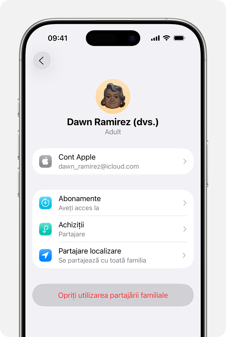 Ecran de iPhone care arată pasul de ieșire dintr-un grup de Partajare familială.
