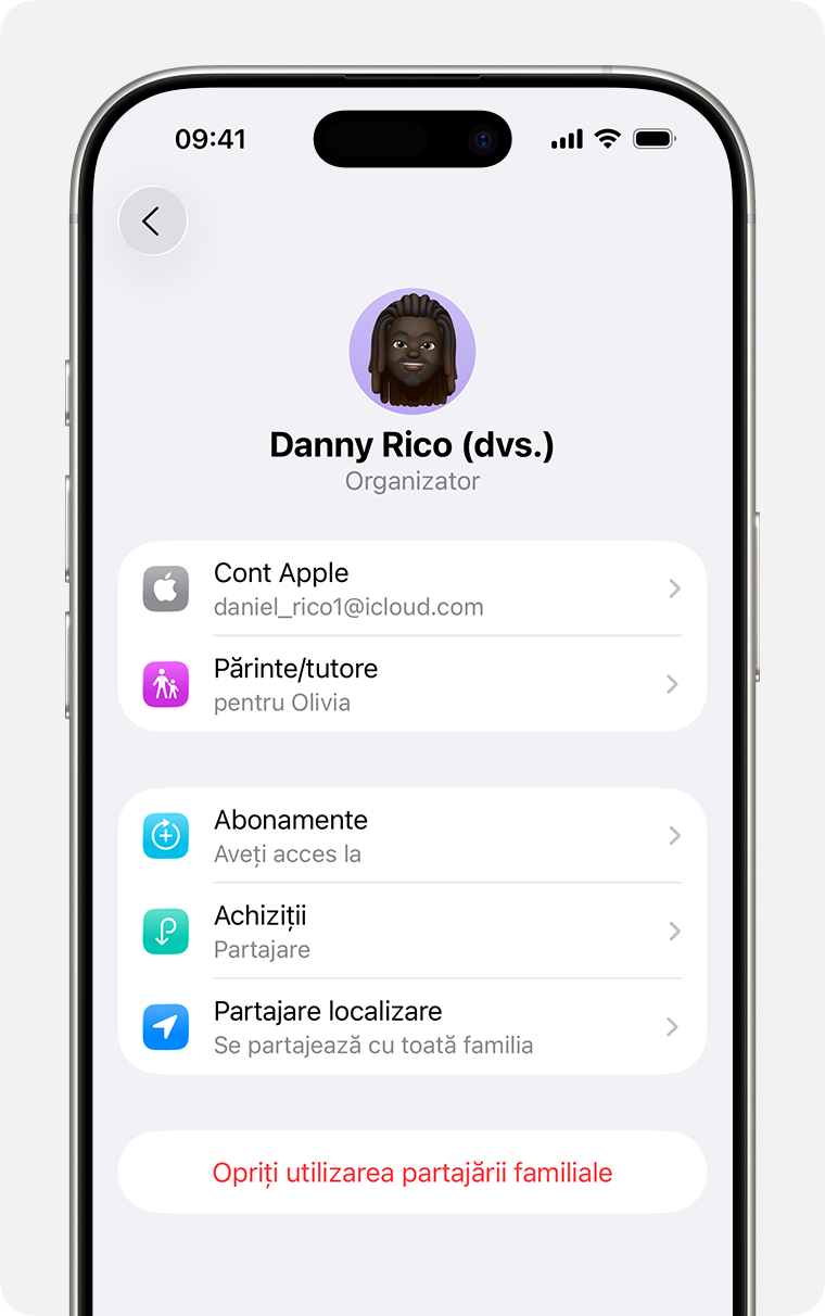 Ecran de iPhone care arată pasul de desființare a unui grup Partajare familială.