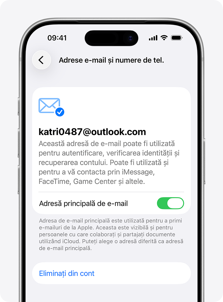 iPhone care afișează configurările și opțiunile contului Apple pentru actualizarea sau eliminarea unei adrese de e-mail principale