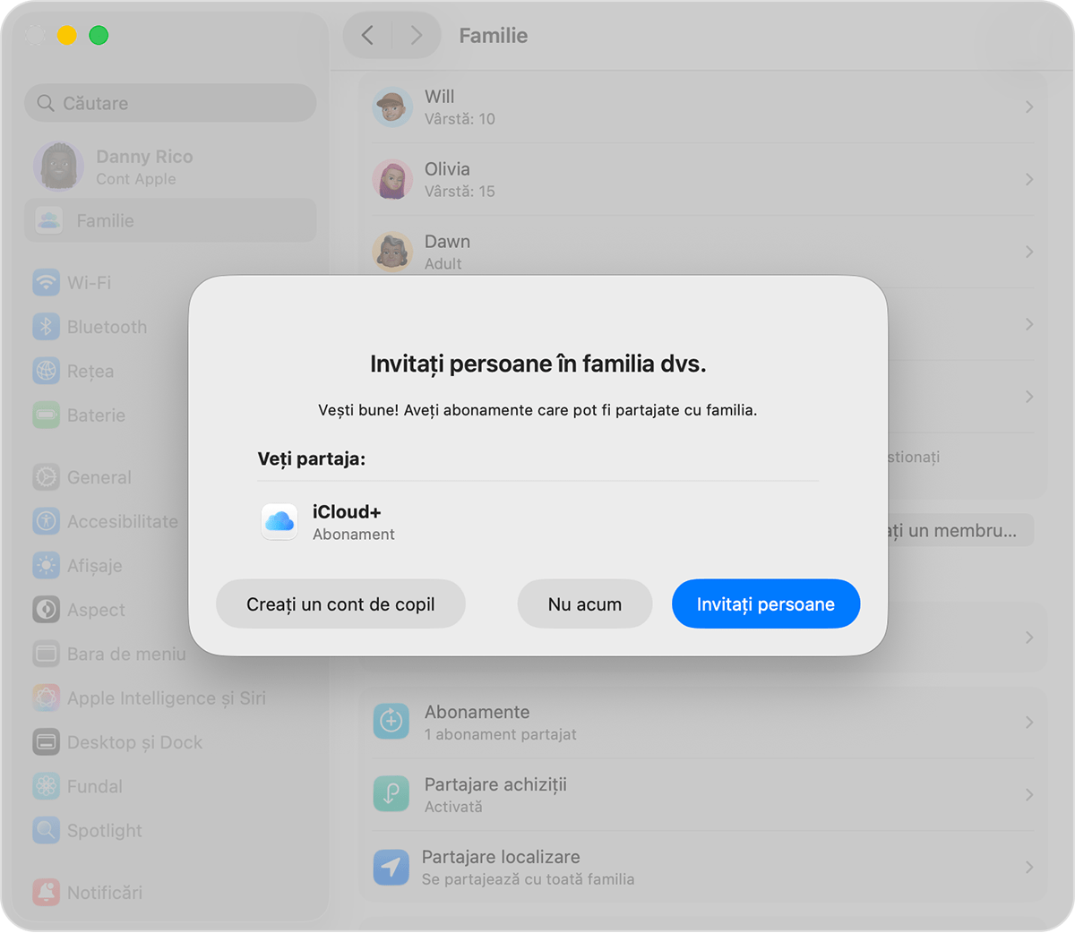 Configurări sistem pe Mac care afișează invitația de Partajare familială și butonul Creați un cont de copil