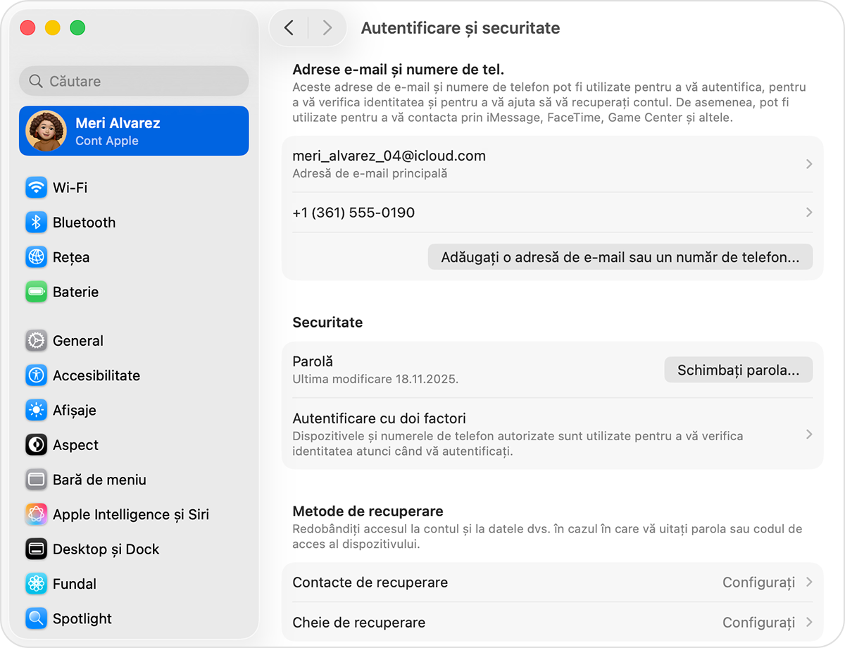 Un Mac care afișează configurările de autentificare și securitate