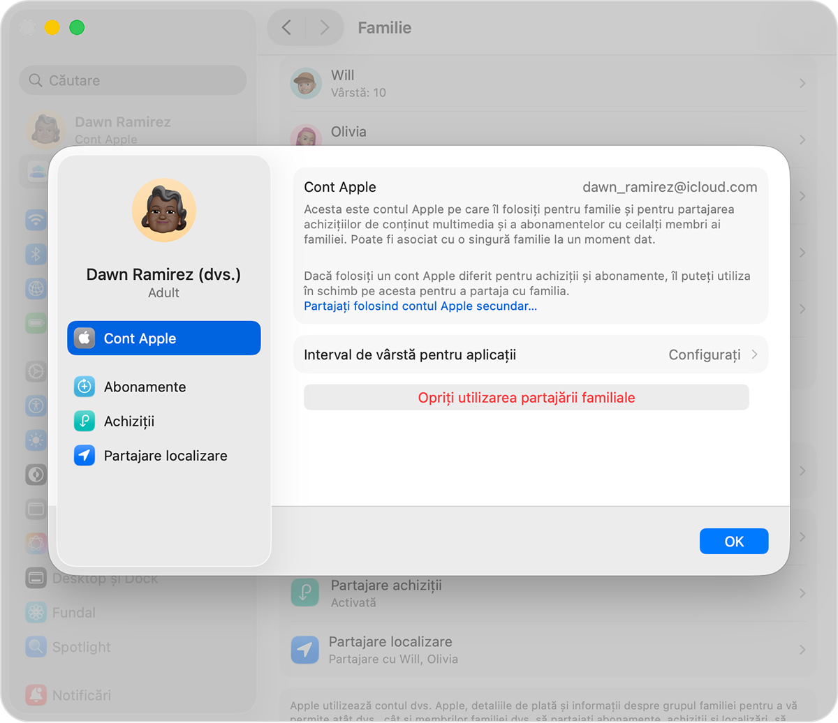 Ecran de Mac care arată pasul de oprire a utilizării partajării familiale.