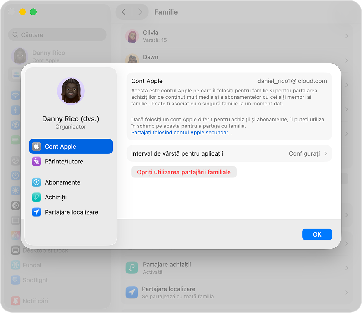 Ecran de computer Mac care arată pasul de desființare a unui grup Partajare familială.