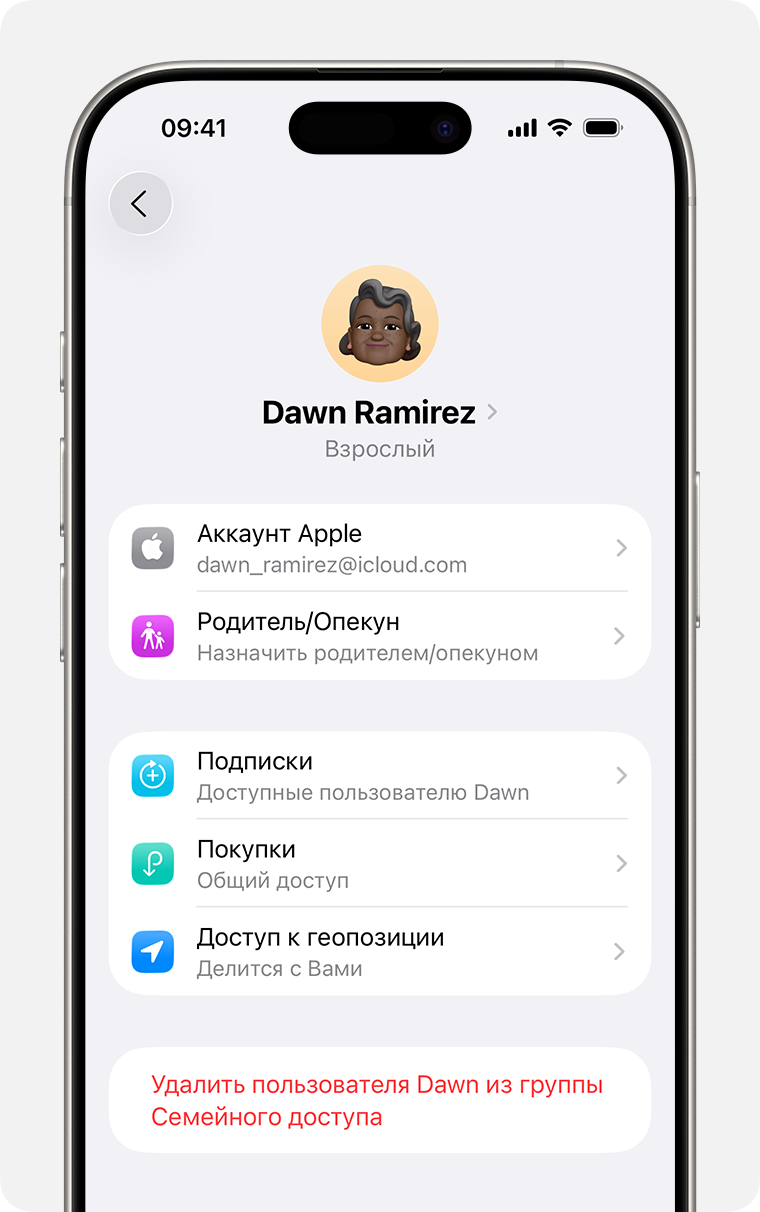 Экран iPhone, на котором показаны действия по удалению участника из группы семейного доступа.