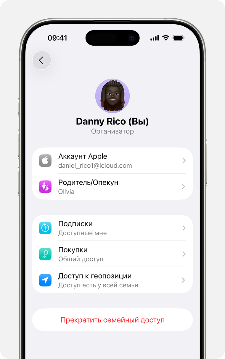 Экран iPhone, на котором показаны действия по роспуску группы семейного доступа.
