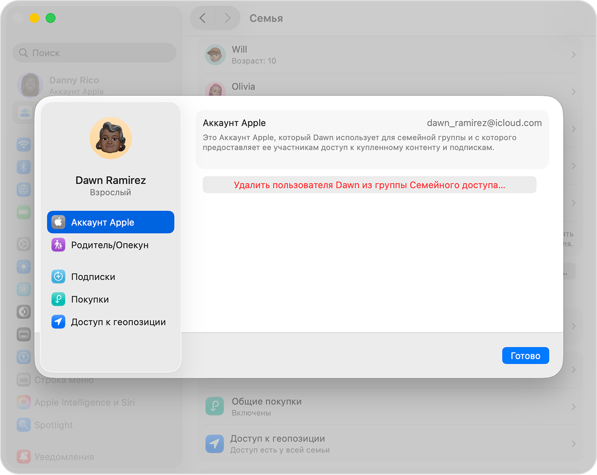 Экран Mac, на котором показаны действия по удалению участника из группы семейного доступа.