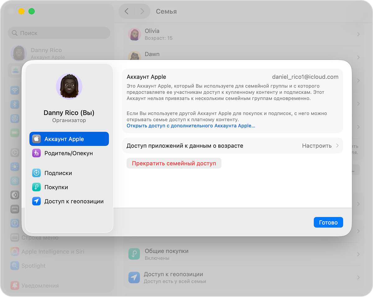 Экран Mac, на котором показаны действия по роспуску группы семейного доступа.