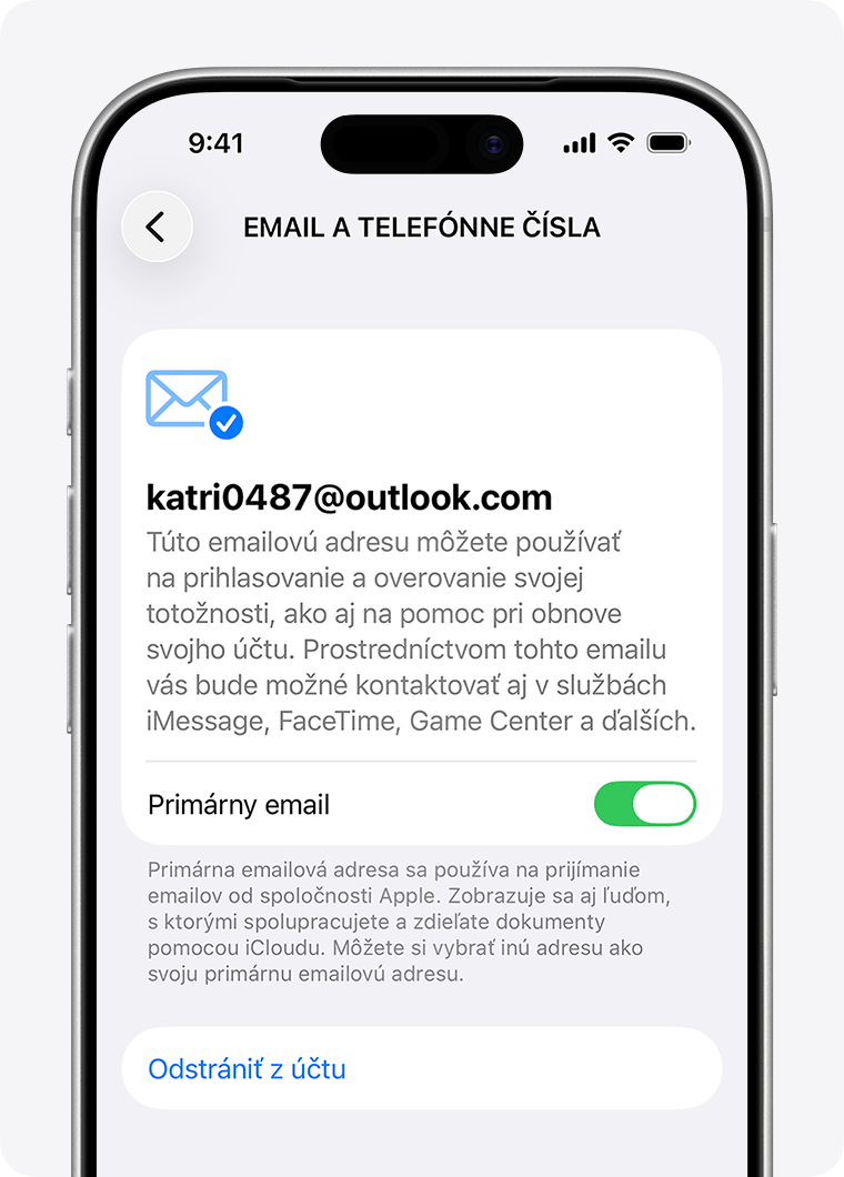 iPhone so zobrazenými nastaveniami Apple účtu a možnosťami aktualizácie alebo odstránenia primárnej e-mailovej adresy