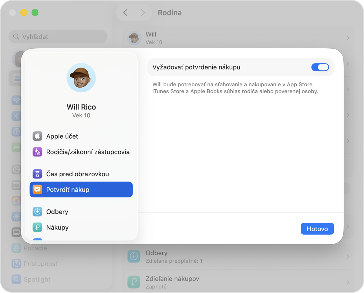 Po kliknutí na meno člena rodiny sa na postrannom paneli zobrazí možnosť Potvrdiť nákup.