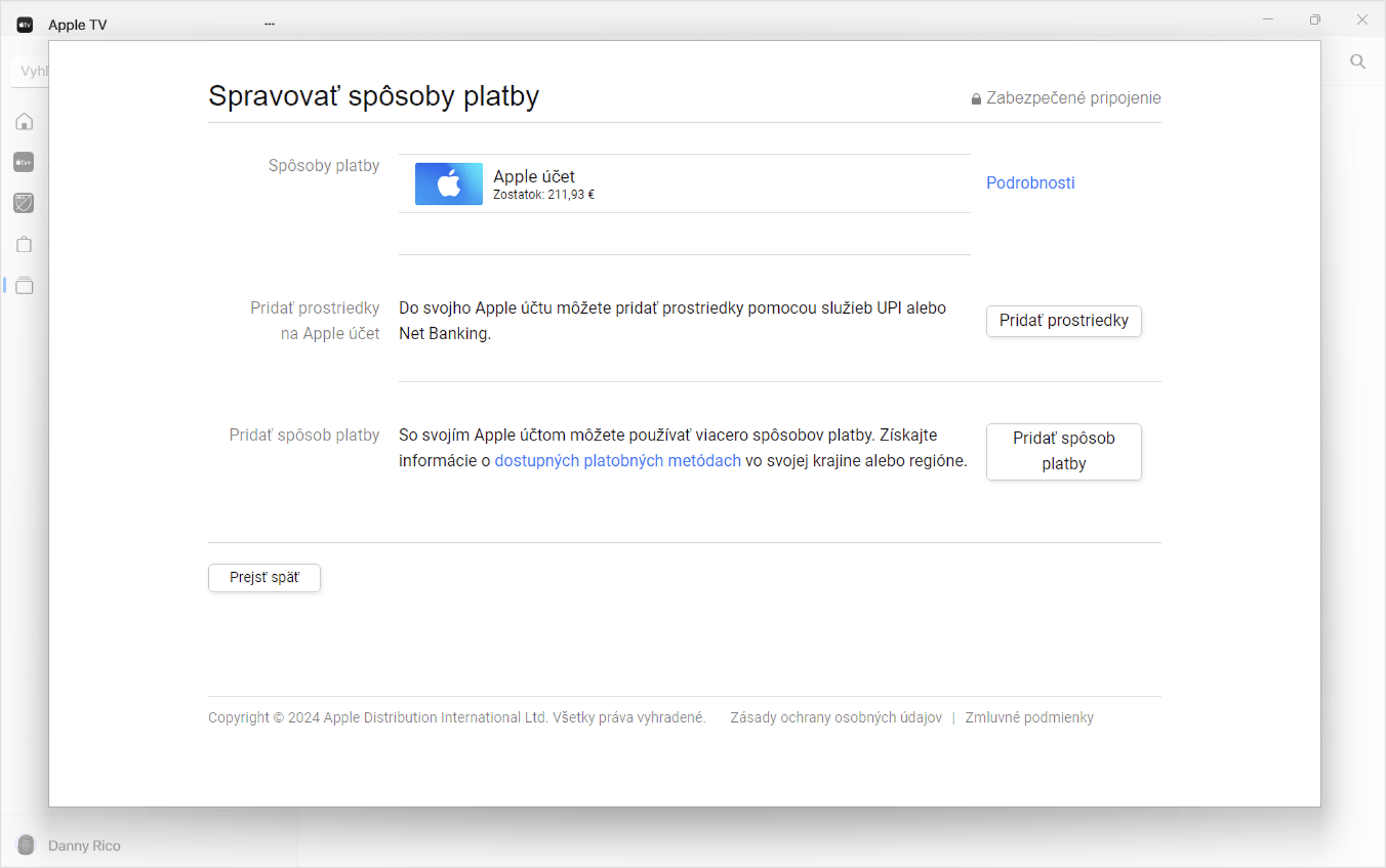 Obrazovka Windowsu zobrazujúca nastavenia Spravovať platby v apke Apple Music. Ak chcete pridať spôsob platby, kliknite na Pridať spôsob platby.