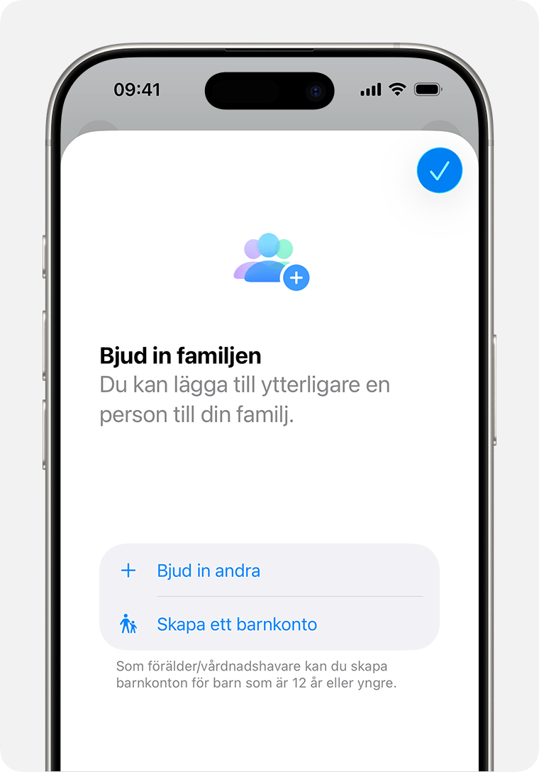 iPhone som visar en familjedelningsinbjudan, inklusive alternativet att skapa ett barnkonto
