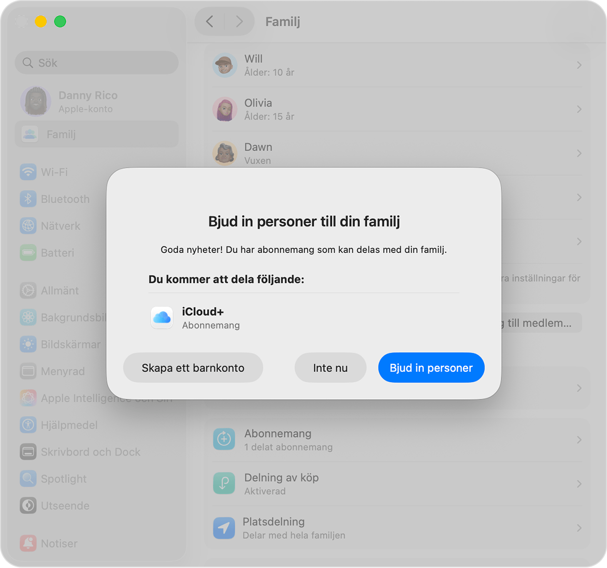 Mac-systeminställningar som visar inbjudan till familjedelning och knappen Skapa barnkonto