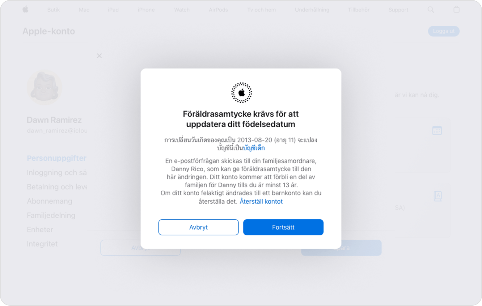 Ett meddelande som visar textlänken till Återställ kontot på sidan Apple-konto.