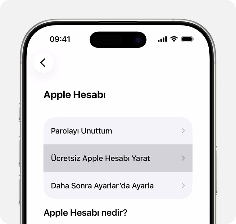 Ücretsiz Apple Hesabı Yarat seçeneğini gösteren iPhone ekranı
