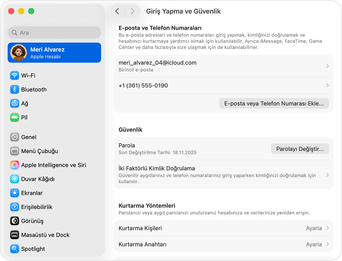 Giriş yapma ve güvenlik ayarlarını gösteren Mac