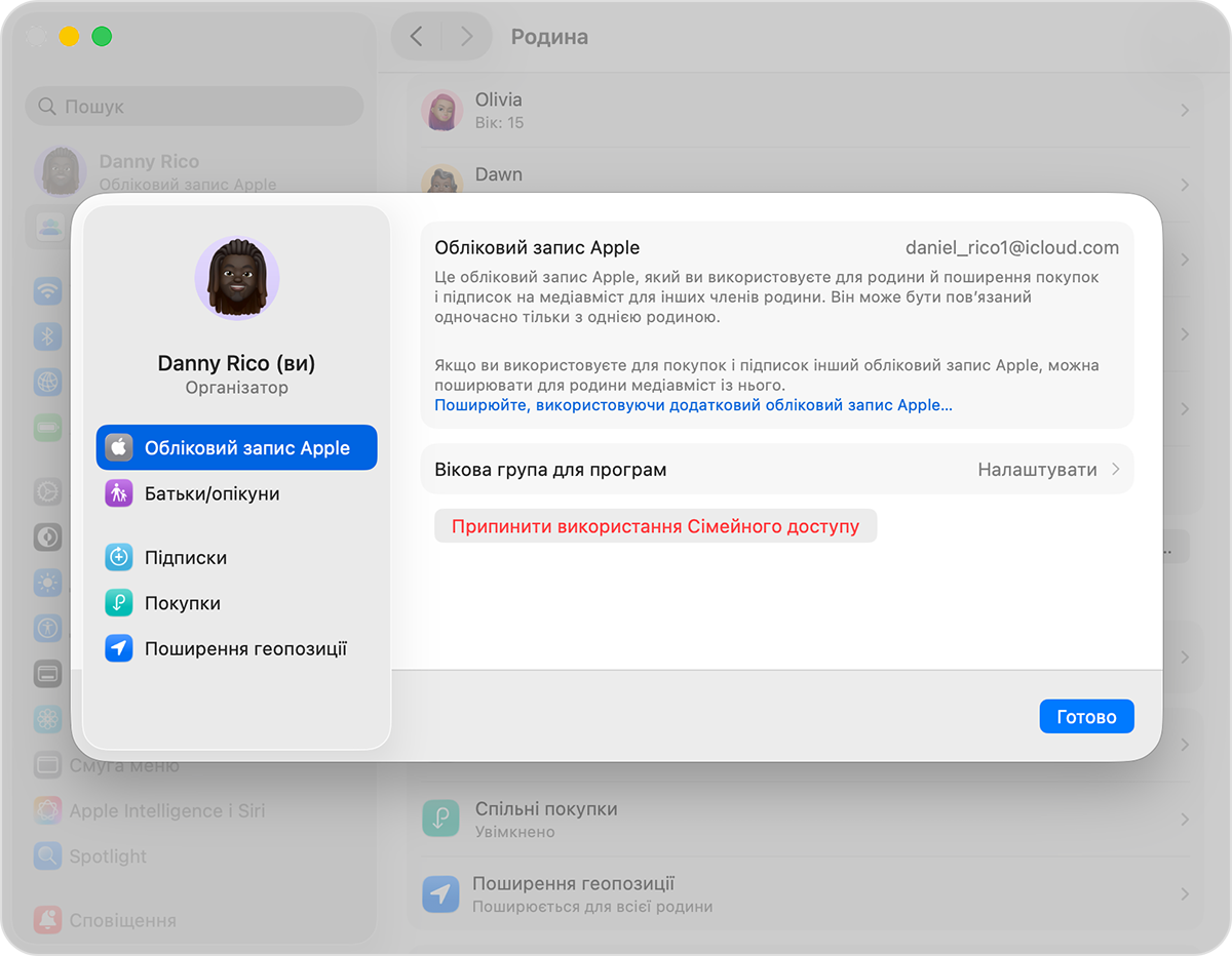 Екран Mac показує крок припинення доступу до групи сімейного доступу.