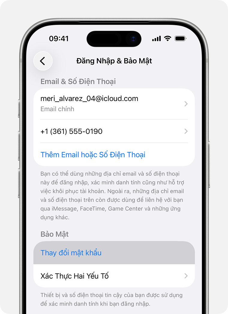 Màn hình iPhone hiển thị nút Thay đổi mật khẩu trong phần Cài đặt