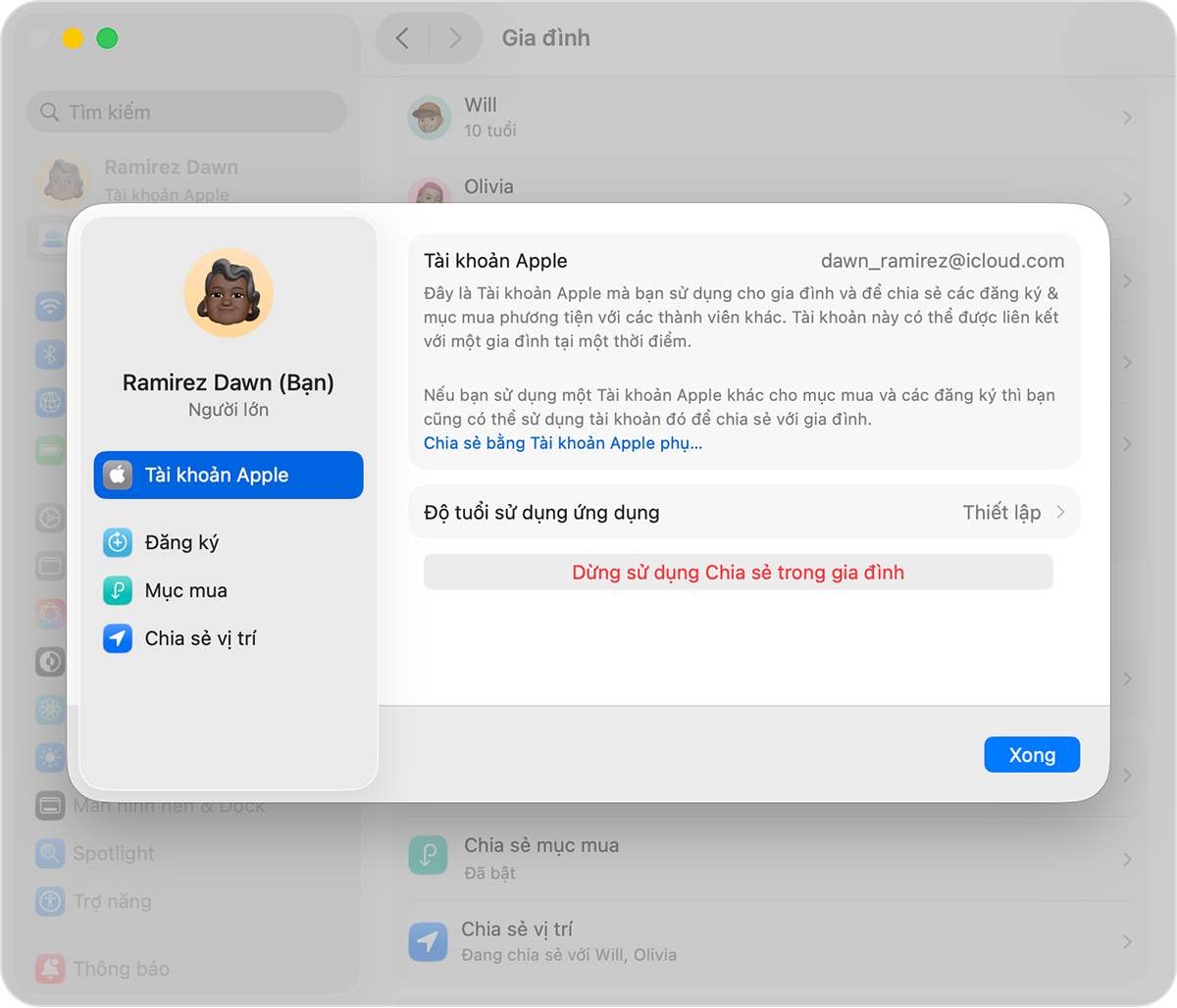 Màn hình máy Mac hiển thị bước dừng sử dụng Chia sẻ trong gia đình.