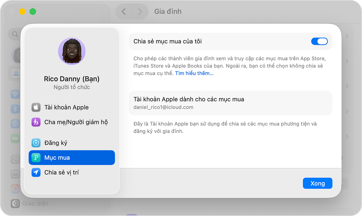 Màn hình máy Mac hiển thị cách bật Chia sẻ mục mua của tôi.