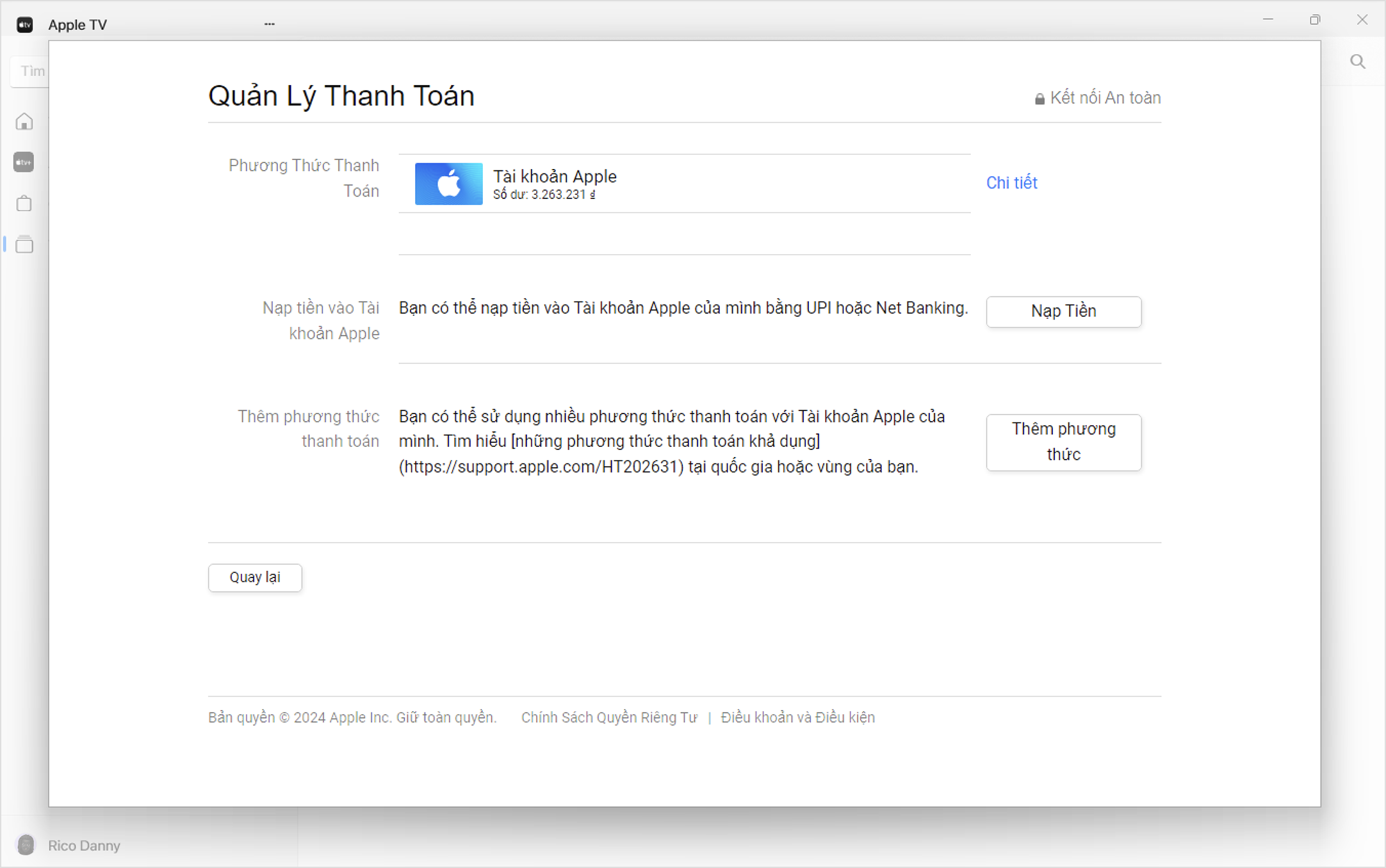 Màn hình Windows hiển thị cài đặt Quản lý thanh toán trong ứng dụng Apple Music. Thêm phương thức thanh toán, bấm vào Add Payment (Thêm thanh toán).