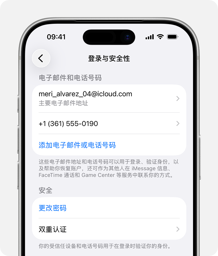 在 Apple 账户设置中,找到可用于登录 Apple 账户的电子邮件地址和电话号码