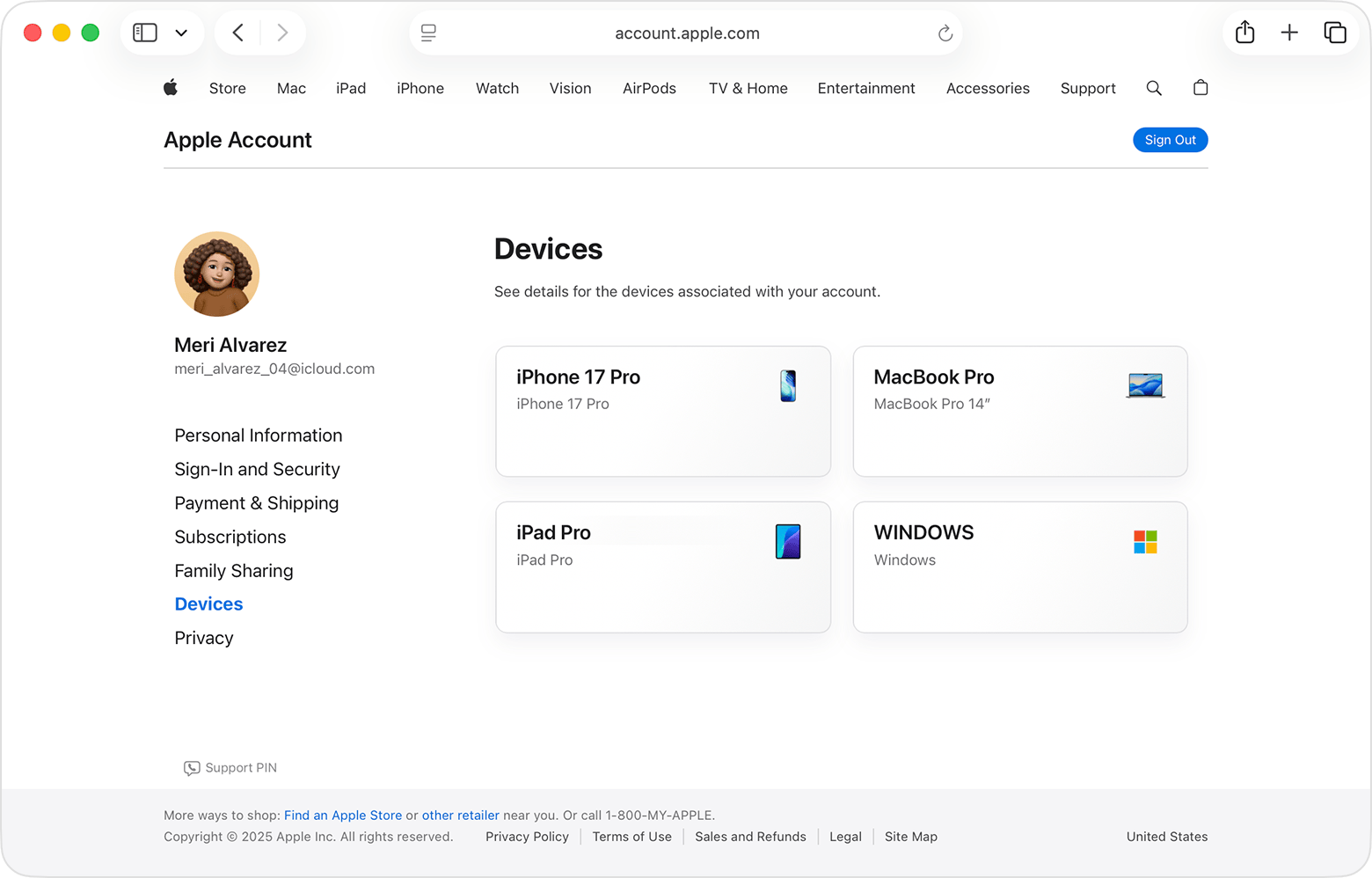 Apple Account website showing devices associated with an account