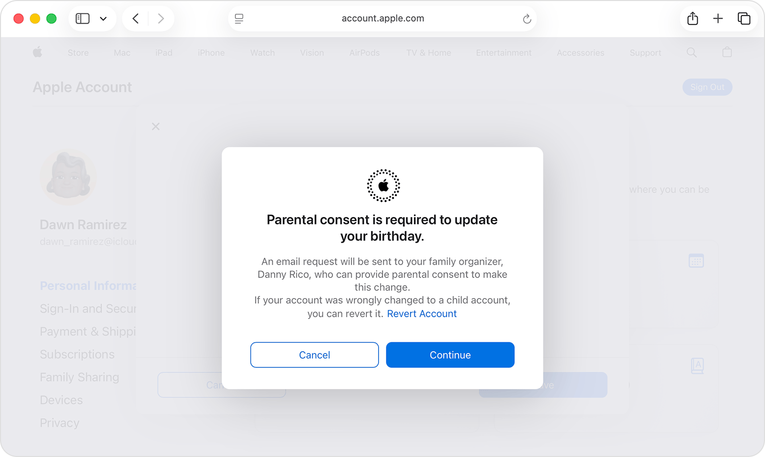 A message showing the text link to Revert Account on the Apple Account page.