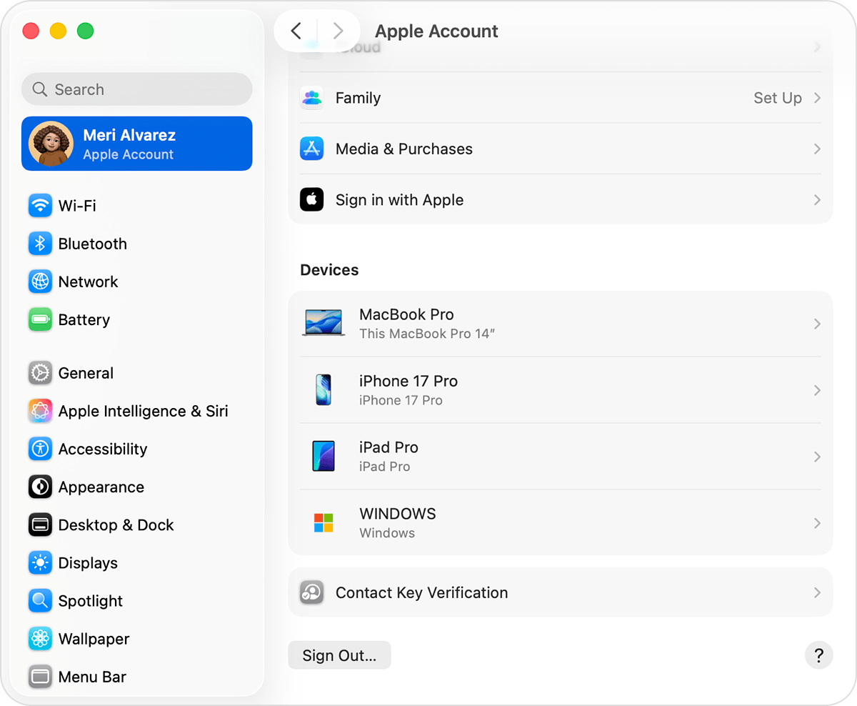 Mac System Settings showing a list of devices