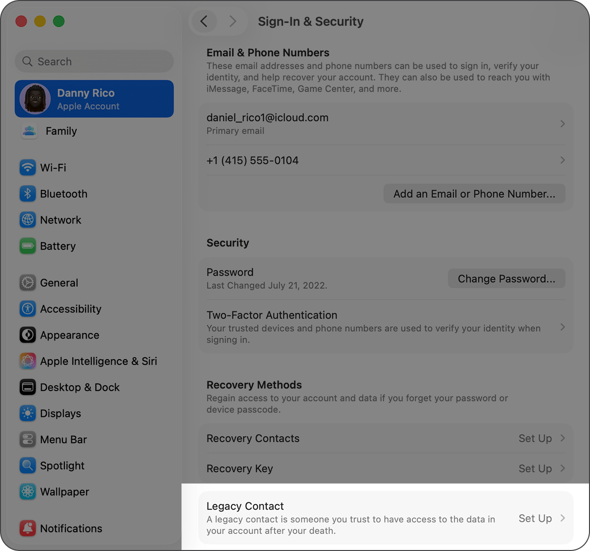 Mac showing System Settings and how to add a Legacy Contact.