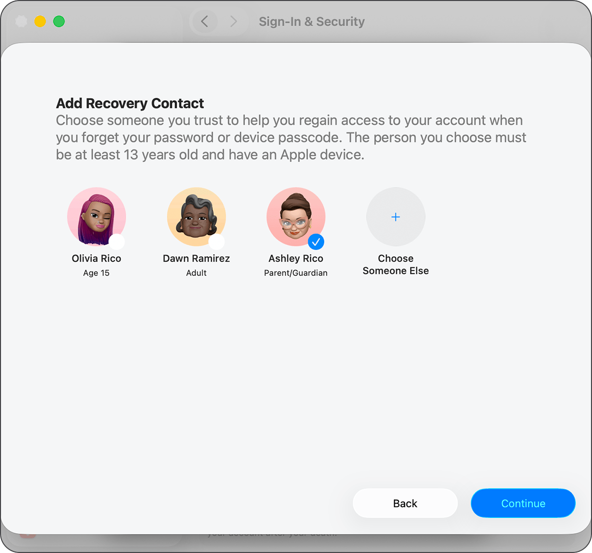 Mac showing contacts you can add as a Recovery Contact