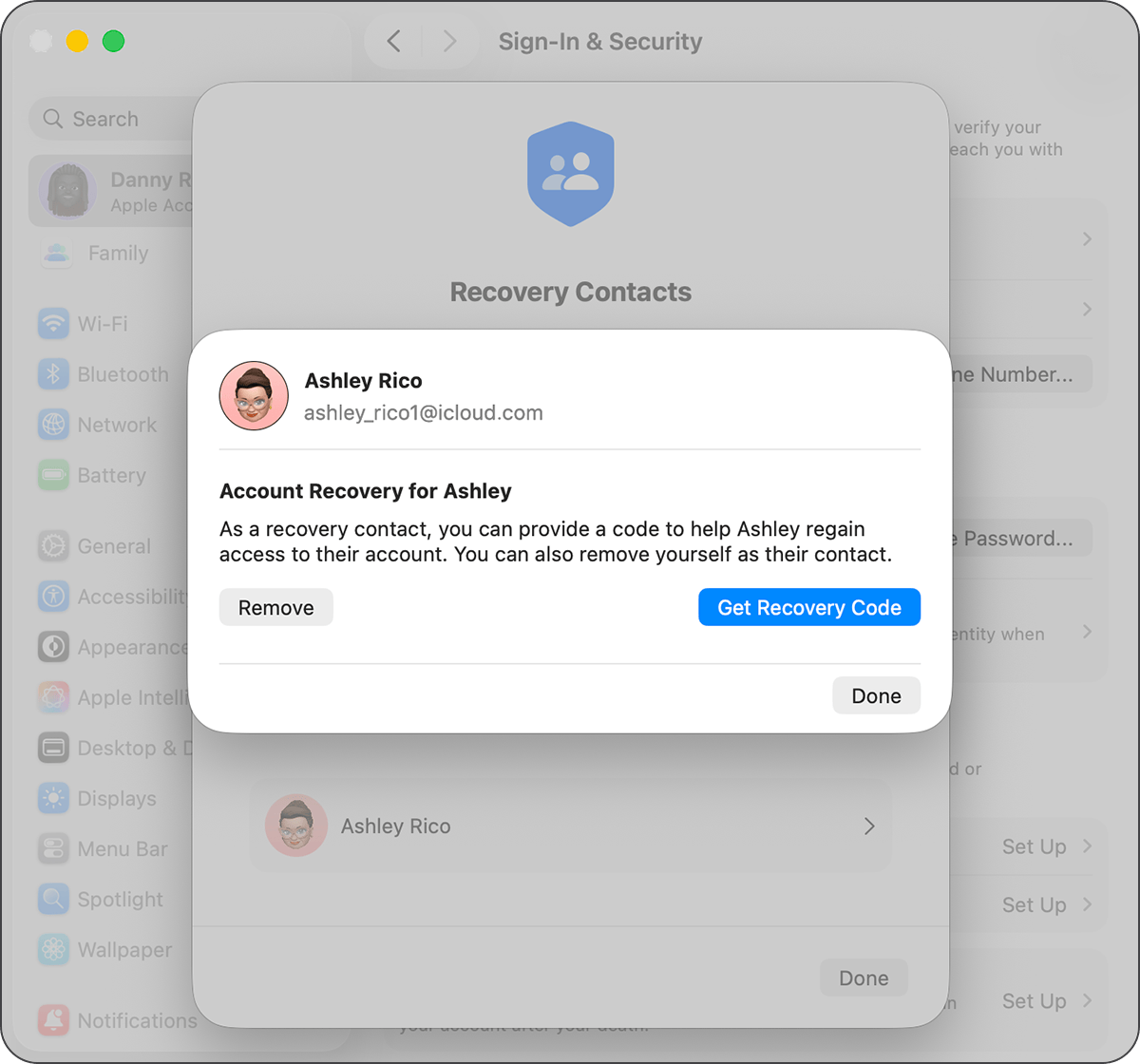 On Mac, get a recovery code for a friend or family member.