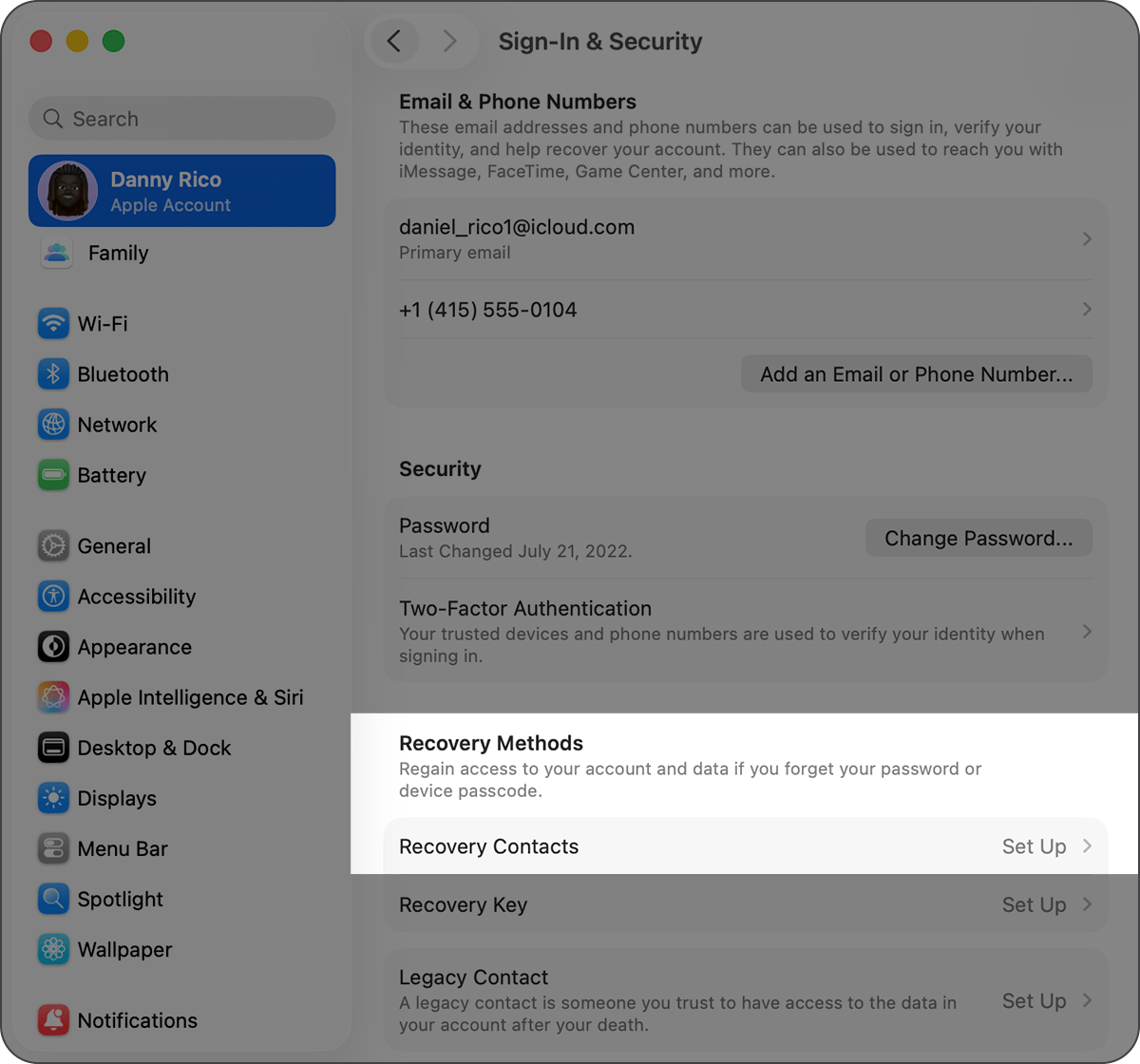 Mac showing System Settings and how to add a Recovery Contact