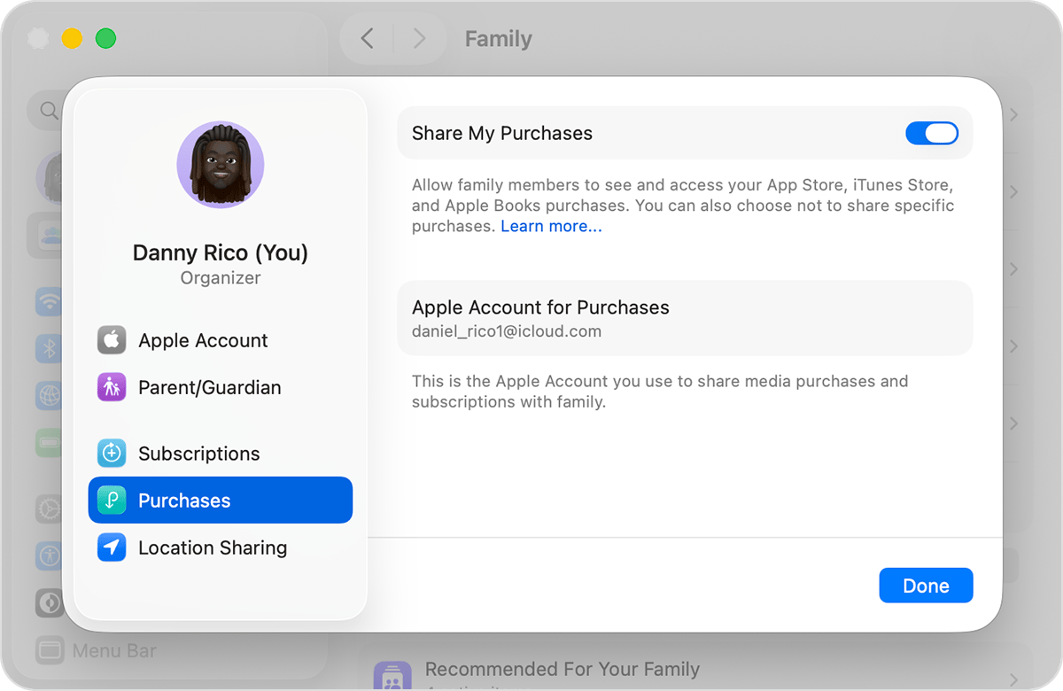 Mac screen showing how to turn on Share My Purchases.