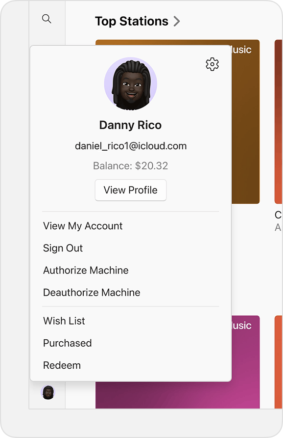 O menu Conta no Apple Music para Windows exibindo o saldo da conta.