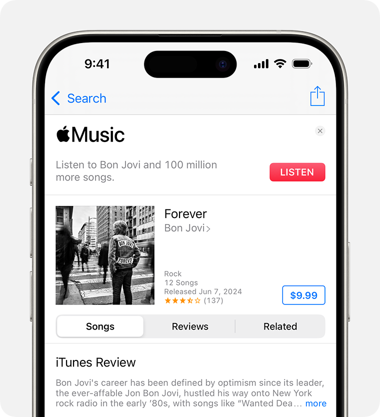 The Buy screen for Forever by Bon Jovi in the iTunes Store. The Buy button is on the right of the screen. It's the price of the album in a blue box.