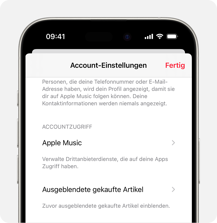 Ein iPhone mit den Accounteinstellungen in Apple Music. „Ausgeblendete Einkäufe“ befindet sich in der Mitte des Bildschirms.