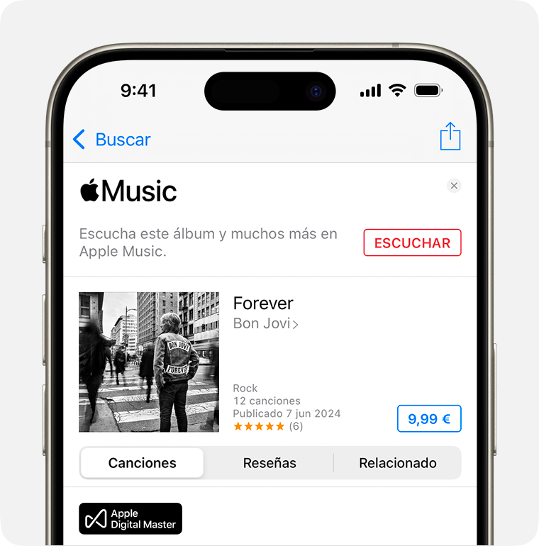 La pantalla Comprar para la canción Forever de Bon Jovi en el iTunes Store. El botón Comprar está a la derecha de la pantalla. Es el precio del álbum aparece en una caja azul.