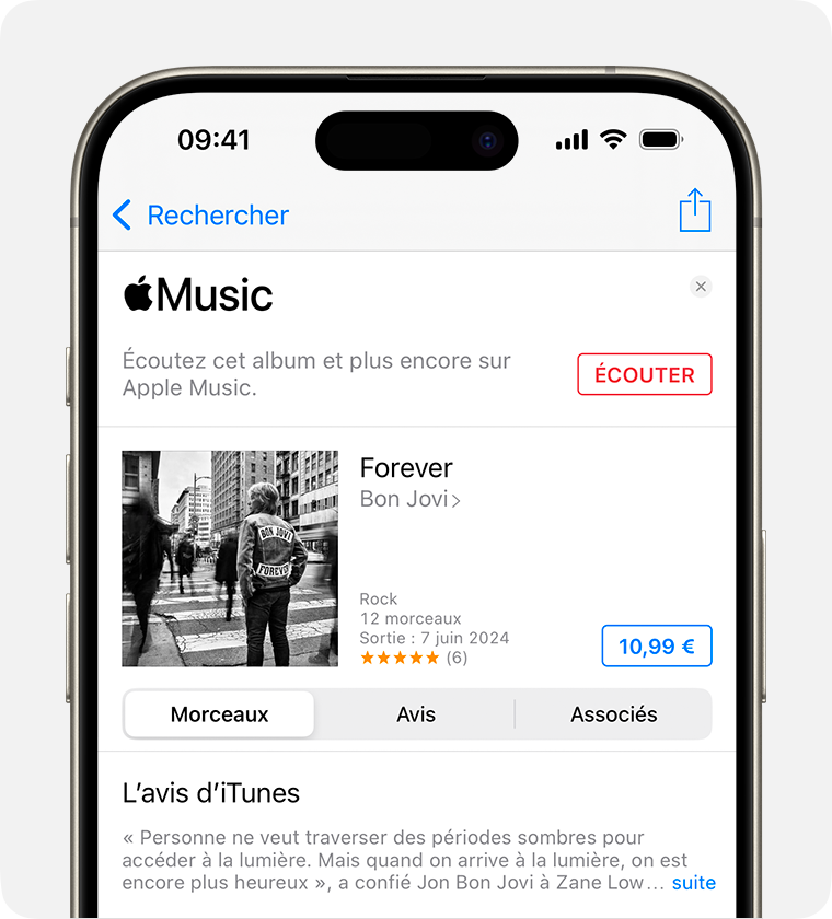 L’écran d’achat de l’album Forever de Bon Jovi dans l’iTunes Store. Le bouton d’achat se trouve à droite de l’écran. Ce bouton indique le prix de l’album dans un cadre bleu.