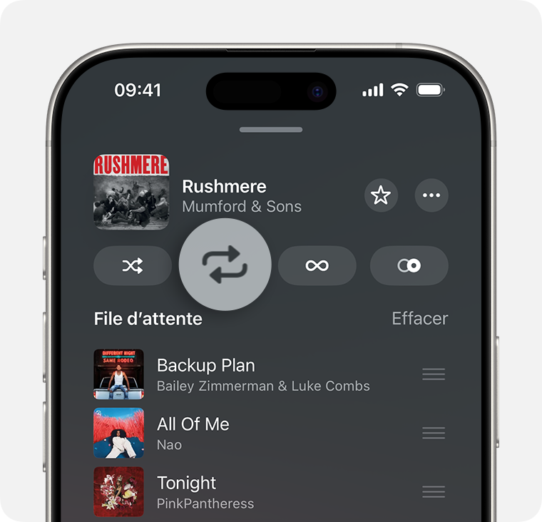 iPhone affichant le lecteur étendu et la file d’attente de l’app Musique. Le bouton Répéter est activé et mis en évidence.