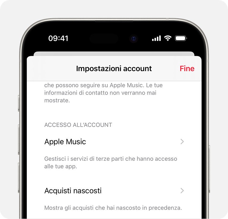 Un iPhone che mostra la schermata Impostazioni account in Apple Music. Acquisti nascosti si trova al centro dello schermo.