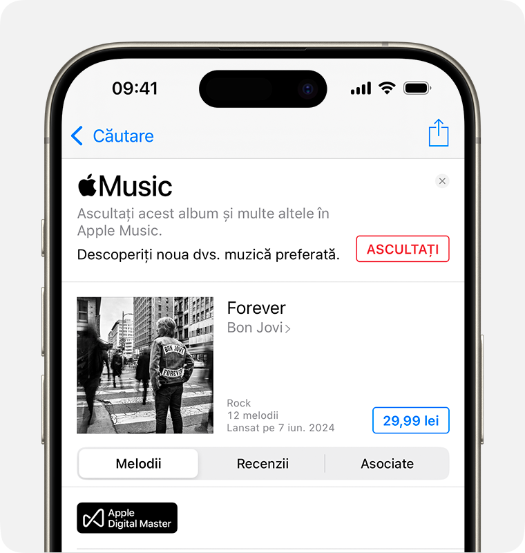 Ecranul de cumpărare pentru Forever de Bon Jovi în iTunes Store. Butonul Cumpărați se află în partea dreaptă a ecranului. Prețul albumului este într-o casetă albastră.